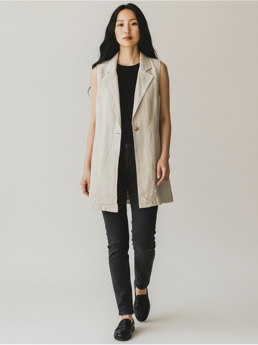 Sleeveless Linen-Blend Button Front Top - Cream
